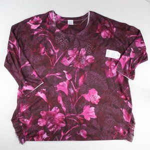 Time and Tru 3/4 Sleeve Sublimation Top Burgundy Pink Floral Paisley